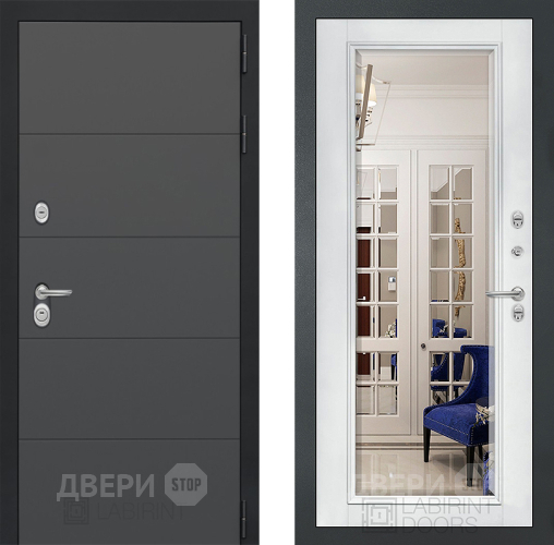 Дверь Лабиринт (LABIRINT) Art Зеркало Фацет с багетом Белый софт